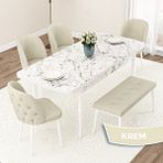 Canisa Concept Jae Serisi Açılabilir 80X132 Beyaz Mermer Desen Mutfak Masası Takımı ve 4 Sandalye 1 Bench - Krem