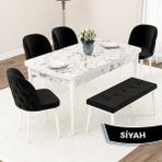 Canisa Concept Jae Serisi Açılabilir 80X132 Beyaz Mermer Desen Mutfak Masası Takımı ve 4 Sandalye 1 Bench - Siyah
