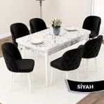 Canisa Concept Jae Serisi Açılabilir 80X132 Beyaz Mermer Desen Mutfak Masası Takımı ve 6 Sandalye - Siyah