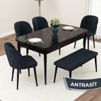 Canisa Concept Jae Serisi Açılabilir 80X132 Siyah Mermer Desen Mutfak Masası Takımı ve 4 Sandalye 1 Bench - Antrasit