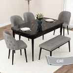Canisa Concept Jae Serisi Açılabilir 80X132 Siyah Mermer Desen Mutfak Masası Takımı ve 4 Sandalye 1 Bench - Gri