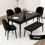 Canisa Concept Jae Serisi Açılabilir 80X132 Siyah Mermer Desen Mutfak Masası Takımı ve 4 Sandalye 1 Bench