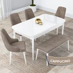 Canisa Concept Kar Serisi, 80X132 Açılabilir Mdf Mutfak Masa Takımı, Beyaz Masa 4 Sandalye ve 1 Bench - Cappuccino