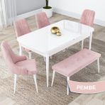 Canisa Concept Kar Serisi, 80X132 Açılabilir Mdf Mutfak Masa Takımı, Beyaz Masa 4 Sandalye ve 1 Bench - Pembe