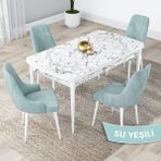 Canisa Concept Kar Serisi, 80X132 Açılabilir Mdf Mutfak Masa Takımı, Beyaz Mermer Desen Masa 4 Sandalye - Su Yeşili