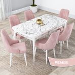 Canisa Concept Kar Serisi, Açılabilir 80X132 Mdf Mutfak Masa Takımı, Beyaz Mermer Desen Masa 6 Sandalye - Pembe