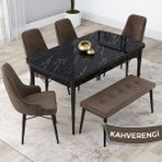 Canisa Concept Kar Serisi, Mdf 80X132 Açılabilir Masa Takımı, Siyah Mermer Desen Masa, 4 Sandalye 1 Bench - Kahverengi