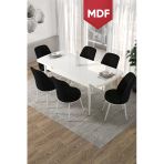 Canisa Concept Kor Serisi, 70X114 Açılabilir Mdf Beyaz Yemek Masası Takımı,6 Siyah Sandalye