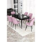 Canisa Concept Kor Serisi 70x114 Açılabilir Mutfak Masası Takımı Siyah Mermer Desen Masa 6 Pembe Sandalye