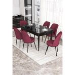 Canisa Concept Kor Serisi 70x114 cm Açılabilir Yemek Masası Takımı, Siyah Mermer Desen Masa, 6 Bordo Sandalye