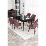 Canisa Concept Kor Serisi 70x114 cm Açılabilir Yemek Masası Takımı, Siyah Mermer Desen Masa, 6 Gülkurusu Sandalye