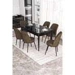 Canisa Concept Kor Serisi 70x114 cm Açılabilir Yemek Masası Takımı, Siyah Mermer Desen Masa, 6 Kahve Sandalye