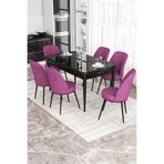 Canisa Concept Kor Serisi 70x114 cm Açılabilir Yemek Masası Takımı, Siyah Mermer Desen Masa, 6 Mor Sandalye