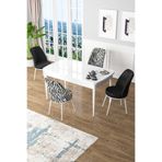 Canisa Concept Kor Serisi Açılabilir Mutfak Masası Takımı, 80x130 cm, Beyaz Masa, Zebra Desen ve Siyah Sandalyeler