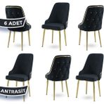Canisa Concept Krax Serisi Babyface Kumaş Yemek Odası Sandalyesi Gold Metal Ayak 6 Adet Sandalye - Antrasit - Gold Ayaklar
