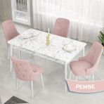 Canisa Concept Lav Serisi Sabit 80X130 Beyaz Mermer Desen Mutfak Masası Takımı 4 Sandalye Gold Halkalı - Pembe