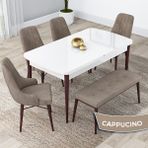 Canisa Concept Lia Serisi 80 x 132 cm Mutfak Masa Takımı Beyaz Masa Ceviz Ayak 4 Sandalye ve 1 Bench - 80x132 - Cappuccino