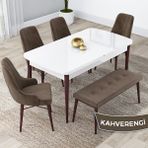 Canisa Concept Lia Serisi 80 x 132 cm Mutfak Masa Takımı Beyaz Masa Ceviz Ayak 4 Sandalye ve 1 Bench - 80x132 - Kahverengi