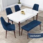Canisa Concept Lia Serisi 80 x 132 cm Mutfak Masa Takımı Beyaz Masa Ceviz Ayak 4 Sandalye ve 1 Bench - 80x132 - Lacivert