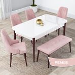 Canisa Concept Lia Serisi 80 x 132 cm Mutfak Masa Takımı Beyaz Masa Ceviz Ayak 4 Sandalye ve 1 Bench - 80x132 - Pembe