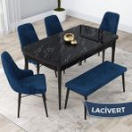 Canisa Concept Lia Serisi 80 x 132 cm Mutfak Masa Takımı Siyah Mermer Desen Masa 4 Sandalye ve 1 Bench - 80x132 - Lacivert