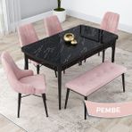 Canisa Concept Lia Serisi 80 x 132 cm Mutfak Masa Takımı Siyah Mermer Desen Masa 4 Sandalye ve 1 Bench - 80x132 - Pembe