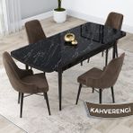 Canisa Concept Lia Serisi, 80X132 Açılabilir Mutfak Masa Takımı, Siyah Mermer Desen Masa 4 Sandalye - Kahverengi