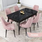 Canisa Concept Lia Serisi, 80X132 Açılabilir Mutfak Masa Takımı, Siyah Mermer Desen Masa 6 Sandalye - Pembe