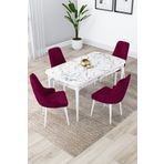 Canisa Concept Lia Serisi 80x132 Açılabilir Mutfak Masası Takımı Beyaz Mermer Desen Masa 4 Mürdüm Sandalye
