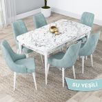 Canisa Concept Lia Serisi Beyaz Mermer Desen Açılabilir 80X132 Yemek Masası Takımı 6 Sandalye - 80 x 132 cm - Su Yeşili