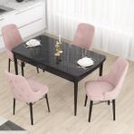 Canisa Concept Mdf Are Serisi, 80 x 132 cm Açılabilir Siyah Mermer Desen Mutfak Masası Takımı 4 Sandalye - Pembe
