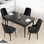 Canisa Concept Mdf Are Serisi, 80 x 132 cm Açılabilir Siyah Mermer Desen Mutfak Masası Takımı 4 Sandalye
