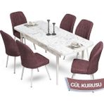 Canisa Concept Mun Serisi, 80X132 Açılabilir Mdf Beyaz Mermer Desen Mutfak Masası Takımı 6 Sandalye - 80 x 132 cm - Gülkurusu