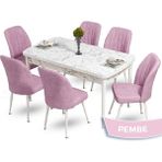 Canisa Concept Mun Serisi, 80X132 Açılabilir Mdf Beyaz Mermer Desen Mutfak Masası Takımı 6 Sandalye - 80 x 132 cm - Pembe