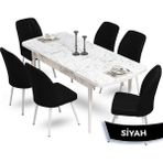 Canisa Concept Mun Serisi, 80X132 Açılabilir Mdf Beyaz Mermer Desen Mutfak Masası Takımı 6 Sandalye - 80 x 132 cm - Siyah