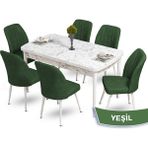 Canisa Concept Mun Serisi, 80X132 Açılabilir Mdf Beyaz Mermer Desen Mutfak Masası Takımı 6 Sandalye - 80 x 132 cm - Yeşil