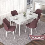 Canisa Concept Nef Serisi 70X114 Açılabilir Mdf Beyaz Mermer Desen Mutfak Masa Takımı 4 Sandalye - Gülkurusu