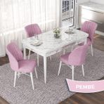 Canisa Concept Nef Serisi 70X114 Açılabilir Mdf Beyaz Mermer Desen Mutfak Masa Takımı 4 Sandalye - Pembe