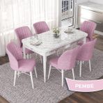 Canisa Concept Nef Serisi 70X114 Açılabilir Mdf Beyaz Mermer Desen Mutfak Masa Takımı 6 Sandalye - Pembe