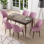 Canisa Concept Nef Serisi 70X114, Açılabilir Mdf Mutfak Masa Takımı, Barok Ahşap Desen Masa ve 6 Sandalye - Pembe