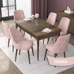 Canisa Concept Nex Serisi, Barok Ahşap Desen 80 x 132 cm Mdf Mutfak Masası Takımı Metal Iskelet, 6 Sandalye Gold Halka - Pembe