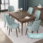 Canisa Concept Nex Serisi, Barok Ahşap Desen 80 x 132 cm Mdf Mutfak Masası Takımı Metal Iskelet, 6 Sandalye Gold Halka - Su Yeşili