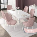 Canisa Concept Nex Serisi, Beyaz 80X132 Mdf Mutfak Masasıtakımı Metal Iskelet,6 Sandalye Gümüş Halka - Pembe