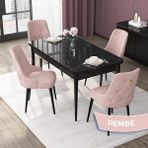 Canisa Concept Nex Serisi, Siyah Mermer 80 x 132 cm Mdf Mutfak Masası Takımı Metal Iskelet, 4 Sandalye Gold Halka - Pembe