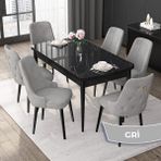 Canisa Concept Nex Serisi, Siyah Mermer 80 x 132 cm Mdf Mutfak Masası Takımı Metal Iskelet, 6 Sandalye Gold Halka - Gri