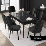 Canisa Concept Nex Serisi, Siyah Mermer 80 x 132 cm Mdf Mutfak Masası Takımı Metal Iskelet, 6 Sandalye Gold Halka