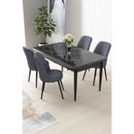 Canisa Concept Nil Serisi 70x110 cm Sabit Mutfak Masası Takımı, Siyah Mermer Desen Masa, 4 Füme Sandalye