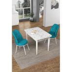 Canisa Concept Nil Serisi 70X110 Sabit Mutfak Masası Takımı Beyaz Mermer Desen Masa 2 Turkuaz Sandalye