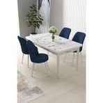 Canisa Concept Nil Serisi 70X110 Sabit Mutfak Masası Takımı Beyaz Mermer Desen Masa 4 Lacivert Sandalye