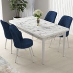Canisa Concept Nil Serisi beyaz Mermer Desen 70 x 110 cm Sabit Yemek Masası Takımı Masa 4 Sandalye - 70x110 - Lacivert
